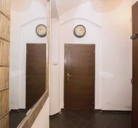 2 szobás lakás előszobája sötét csempével és tükörrel.