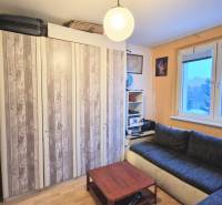 Garzonlakás fa hatású padlóval, kanapéval, szekrényekkel és asztallal. Minimalista belső tér.