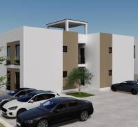 Nyaraló apartman Ciovo szigetén parkoló autókkal és környező zöldterülettel.