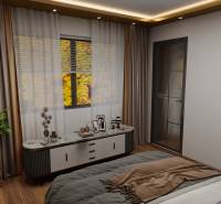 Hálószoba fa dekor padlóval, dekorációkkal és nagy ablakkal egy háromszobás lakásban.