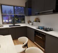 Konyha fa hatású padlóval, fekete bútorokkal és vidéki kilátással.