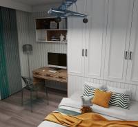 Gyerekszoba íróasztallal, szekrénnyel és ággyal egy háromszobás lakásban.