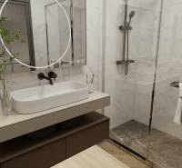 Fürdőszoba egy háromszobás lakásban, modern zuhanyzóval és fa dekorációjú padlóval.