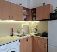 Konyha a nyaraló apartmanban fa dekorációval, háztartási gépekkel és mosogatóval.