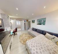 Nappali egy kétszobás lakásban szőnyegekkel, kanapéval és fa mintázatú padlóval.