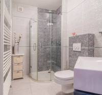 Fürdőszoba egy családi házban zuhanyzóval, WC-vel és egyedi falburkolattal.