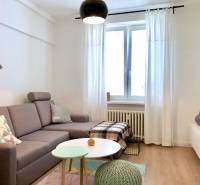 Nappali egy kétszobás lakásban szürke kanapéval és fa dekorációjú padlóval.