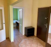 Előszoba sötét ajtókkal, fa mintázatú padló, kilátás a szobára.