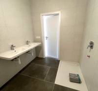 Két mosdóval és zuhanyzóval rendelkező fürdőszoba egy kétszobás lakásban. Tiszta dizájn.