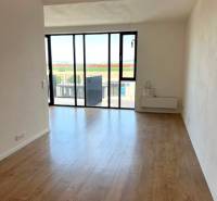 Világos nappali nagy ablakokkal és fa mintázatú padlóval egy kétszobás lakásban.