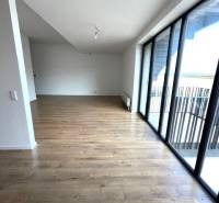 Nappali egy kétszobás lakásban fa dekor padlóval és nagy ablakokkal.