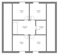 Családi ház alaprajza három hálószobával, nappalival és fürdőszobával.