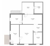 Családi ház alaprajza Hernádkakiban hálószobával, nappalival, konyhával, terasszal és fürdőszobával.