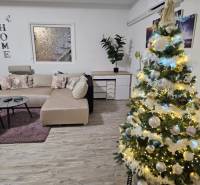 Egy családi házban, amelynek padlója fa dekorációval van ellátva, egy feldíszített karácsonyfa és egy kanapé található.