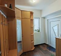 Előszoba fa mintázatú padlóval, beépített szekrénnyel és szobanövénnyel egy családi házban.