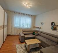 Nappali egy családi házban kanapéval, könyvespolccal és fa dekorációjú padlóval.