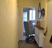 Keskeny folyosó fa dekorációjú padlóval egy háromszobás lakásban, kilátással a nappalira.