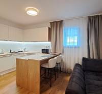 Konyha egy kétszobás lakásban bárpulttal és fa mintázatú padlóval.