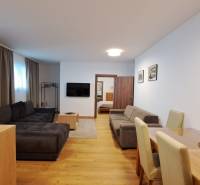 Nappali kanapéval és TV-vel, étkezőasztal mellett, fa dekorációjú padlóval.