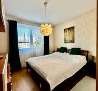 Hálószoba egy 4 szobás lakásban, fa dekor padlóval, világítással és képpel.