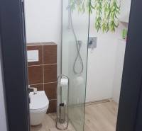 Fürdőszoba üveg zuhanykabinnal, dekoratív csempékkel és fa hatású padlóval.