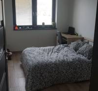 Hálószoba családi házban ággyal, íróasztallal és fa dekorációjú padlóval.