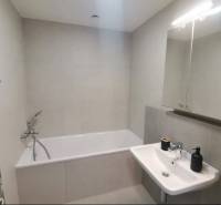 Fürdőszoba káddal és mosdóval egy egyszobás lakásban.