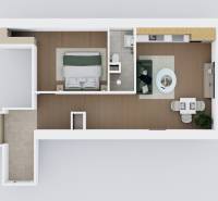 2 szobás lakás alaprajza fa dekor padlóval és konyhával.