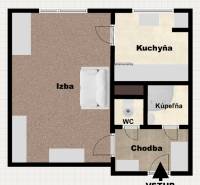 1 szobás lakás alaprajza szoba, konyha, fürdőszoba, WC és előszoba elrendezésével.