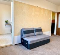 Szürke kanapé és szőnyeg az egyszobás lakás szobájában, világos falak dekorációval, bejárat a konyhába.