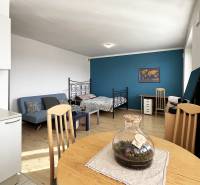 1 szobás lakás belső tere fa hatású padlóval, kanapéval és íróasztallal.