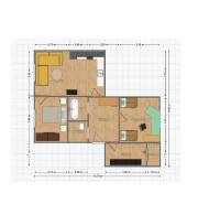 Egy 3 szobás lakás alaprajza fa dekorációjú padlóval, amely tartalmazza a fürdőszobát és a konyhát.