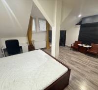 Hálószoba egy egyszobás lakásban fa dekor padlóval és íróasztallal.