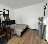 Hálószoba egy egyszobás lakásban, fa mintázatú padlóval és minimalista berendezéssel.