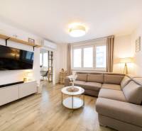 Nappali egy kétszobás lakásban kényelmes kanapéval és fa hatású padlóval.