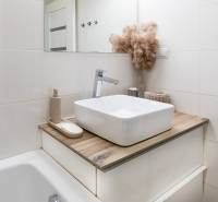 Fürdőszoba egy kétszobás lakásban mosdóval, fa mintázatú padlóval és dekoratív növényi elrendezéssel.