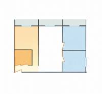 Farebné pôdorys 3-izbového bytu s rôznymi miestnosťami a vstupmi.

Színes alaprajz egy 3 szobás lakásról különböző helyiségekkel és bejáratokkal.