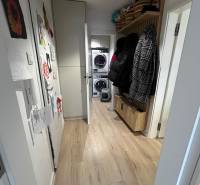 Keskeny folyosó szekrényekkel és fa dekorációjú padlóval egy négy szobás lakásban.