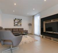 Nappali egy kétszobás lakásban kanapéval, fotellel, asztallal, televízióval és szőnyeggel.