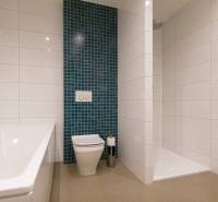 Fürdőszoba zuhanyzóval és káddal egy kétszobás lakásban.