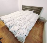 Rekreációs apartman ággyal, fa dekorációjú padlóval és kis éjjeliszekrénnyel.