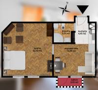 A fa dekorációjú padlóval rendelkező kétszobás lakás alaprajza tartalmaz egy hálószobát és egy nappalit.