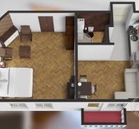 2 szobás lakás fa hatású padlóval, konyhával, nappalival és hálószobával.