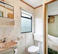 Fürdőszoba a házban mosdóval, tükörrel, WC-vel és kilátással a hálószobára.