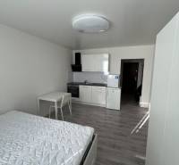 Garzonlakás fehér konyhabútorral és fa mintázatú padlóval, ággyal és asztallal.