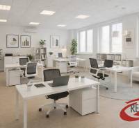 Irodák fa dekor padlóval, íróasztalokkal, székekkel és növényekkel.