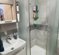 Fürdőszoba egy kétszobás lakásban sarokzuhanyzóval és tükörrel ellátott mosdóval.