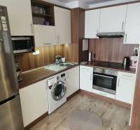 Konyha egy kétszobás lakásban fa dekor padlóval, tűzhellyel és hűtőszekrénnyel.