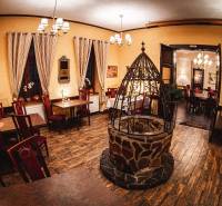 Szállodai és panzió étterem kandallóval és fa dekorációjú padlóval.