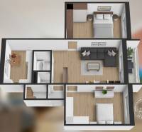 3 szobás lakás fa dekor padlóval, tágas nappali, két hálószoba.